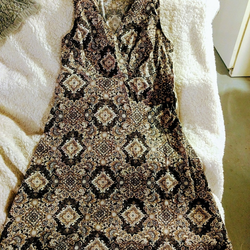 Brown, black, tan summer dress.